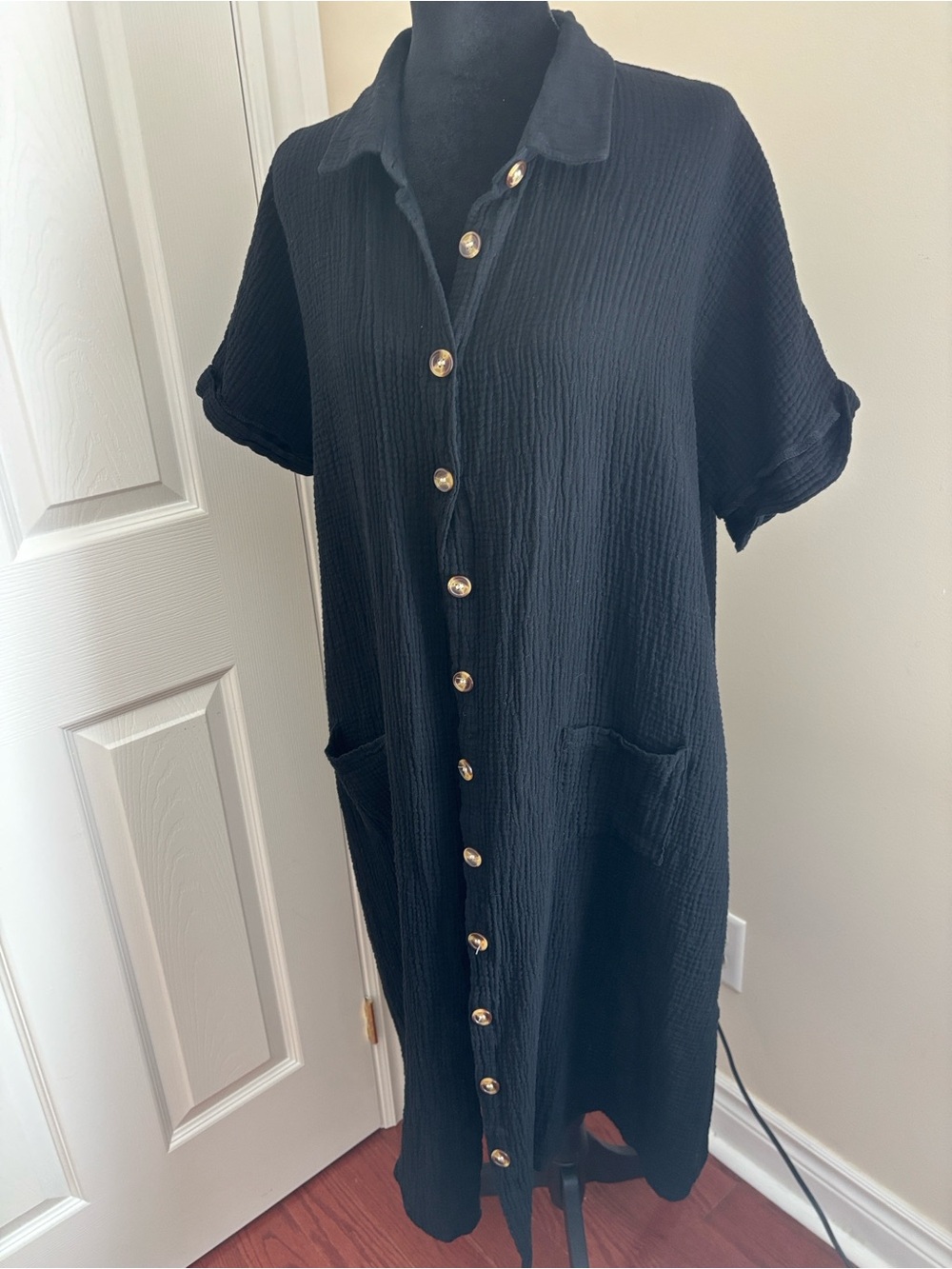 Black Button-Front Gauze Shirt Dress with Pockets